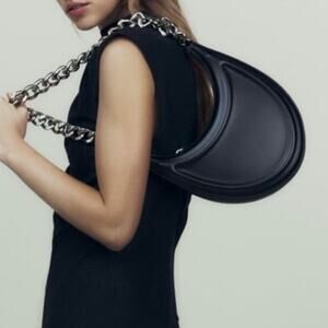 ZARA | Half Moon Chunky Chain Strap Shoulder Bag Black Purse Smooth Leather